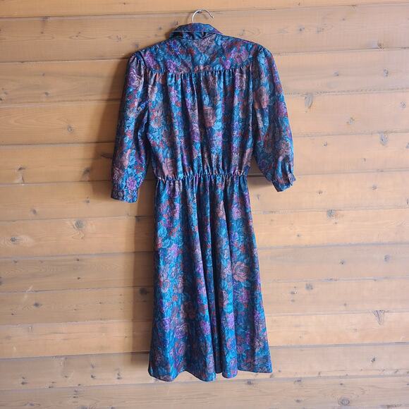 Vintage 80's Floral Fit Flare Midi Tapestry Jewel Tone Collared 70s 80s Flower - Picture 2 of 6